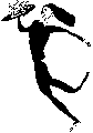 A stylized ink drawing of a woman in dance pose holding a tray of drinks. 